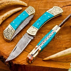 Collectible Handmade Premium Damascus Steel Stone Folding Hunting Pocket Knife - Picture 1 of 2