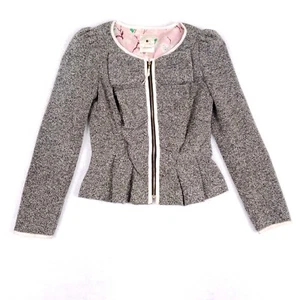 Elevenses Tweed Peplum Jacket Ruffle Front Zip Up Size 4 Gray Office Chic Tweed - Picture 1 of 9