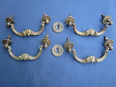 4 grosses poignées pendantes rosaces entrées laiton ancien tiroirs meuble 14 cm - Photo 1/4