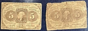 1862 Fractional Currency 5 Cent 1st Issue FR 1230 Lot of 2 Civil War ERA Notes - Picture 1 of 2