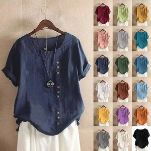 Womens Summer Cotton Linen Tunic Blouse Tops Ladies Short Sleeve Shirt Plus Size - Picture 1 of 37