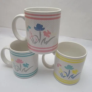 Action Vtg set of 3 Coffee / Tea mugs Cheerful flower Floral design Japan - Picture 1 of 6