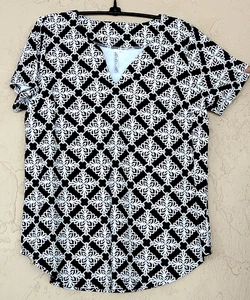 LuLu B Gr. M schwarz weiß Print Strick Top Shirt Bluse 8 10 NylonSpandx Golf Tennis - Bild 1 von 3