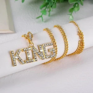 Unisex Iced King Anhänger Halskette 14K goldfarben Hüftschmuck + 24" Kubanische Kette - Bild 1 von 9