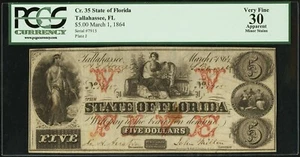 Tallahassee, FL - State of Florida $5 Mar. 1, 1864 Cr. 35 PCGS Very Fine 30 - Picture 1 of 2