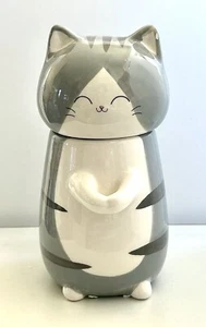 Japanese style lovely 3D porcelain smiling happy grey cat 275ml mug + lid +spoon - Picture 1 of 8