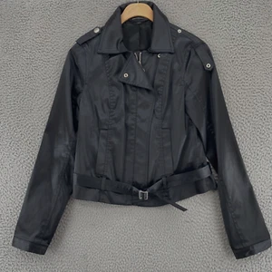 Express Jacke Damen 6 schwarz Satin Reißverschluss Motorrad Tasche Gürtel Biker Stretch - Bild 1 von 11