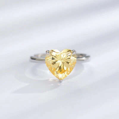 10mm HEART Cut CZ Solitaire Ring S925 Silver Pink Yellow Engagement Promise Ring - Image 1 of 4