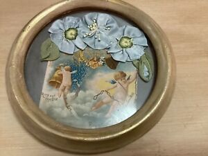 Vintage Round Wood Picture Frame 6 1/2” W/ Ribbonwork Flowers And Ad Angels