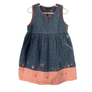 OshKosh Toddler Girl's Sleeveless Denim Dress Size 4T Red Check Hem Embroidered - Picture 1 of 8