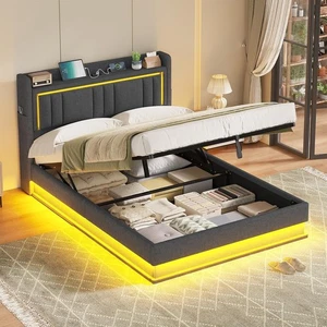 Bett mit LED Beleuchtung Hydraulisches Bett 140x200 cm Polsterbett Ladestation - Bild 1 von 7