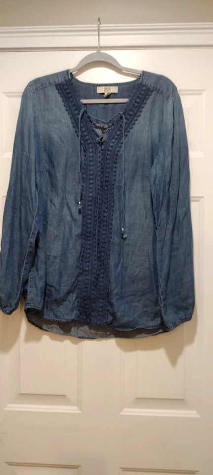 Camisa de renda vintage America Boho denim tamanho XL - Imagem 1 de 4