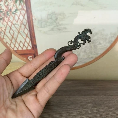 Cuchillo de té con cabeza de dragón de ceremonia del té escultura de cobre herramienta de cobre antigua Foto 1 de 4