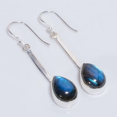 Labradorite Gemstone Ethnic Handmade 925 Sterling Silver Earrings 2.1" a266 - Image 1 of 4