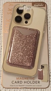 PORTE CARTE DE CRÉDIT MAGNÉTIQUE CIEL ROSE PAILLETTES OR ROSE MagSafe pour téléphone NEUF - Photo 1 sur 4