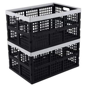 Large 42 Liter Plastic Folding Collapsible Crate for Storage Black 2 Pack - Picture 1 of 1