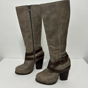 Seychelles Heeled Leather Boots Knee Highs Platform Size 7 Gray Buckle - Picture 1 of 13