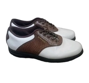 Dunlop Classic Golf Shoes Mens Adults 9 White Brown Lace Up (Few Spikes Missing) - Picture 1 of 20