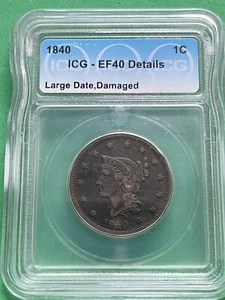 1840 Large Cent Braided Hair ICG - EF40 Details - Picture 1 of 2