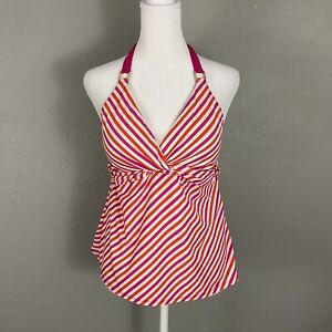 Lauren Ralph Lauren Womens Tankini Swim Top Size 12 Orange Pink Stripe Halter