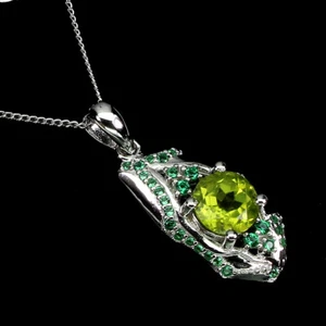 Unheated Round Green Peridot 7mm Simulated Cz 925 Sterling Silver Necklace - Picture 1 of 10