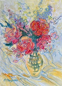 Pintura original al óleo sobre tabla modernismo obra de arte floral firmada bodegón - Imagen 1 de 4