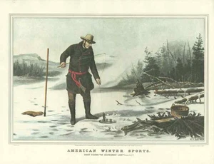 Currier & Ives Winter Zeitvertreib Forellenangeln Chateaugay See 4 Lithographien - Bild 1 von 4