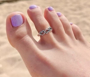 Women's Gift Solid Metal 925 Silver Adjustable Heart Foot Toe Ring - Picture 1 of 5