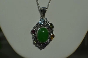 13.40ct Green Jade / Multi Gem Pendant with 20" Chain Platinum over Fine Silver - Picture 1 of 8