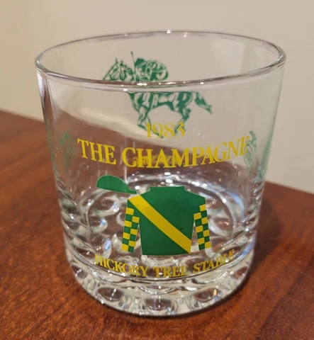 NYRA  THE CHAMPAGNE  1983  Glass Tumbler  DEVIL'S BAG  Hickory Tree Stable Cover