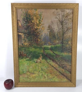Antique VILEM TRSEK Czech. Oil on Canvas 1920's Painting of Rabbit in Yard - Picture 1 of 12