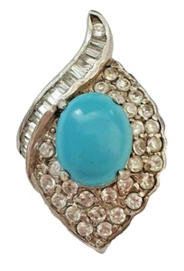 Art Deco style 925 silver Blue cabochon baguette round clear crystal pendant 5.1 - Picture 1 of 12