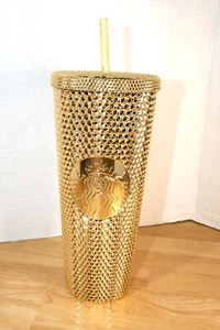 NWT Starbucks Holiday 2022 Gold Venti Studded Diamond Tumbler Cold Cup 24oz - Picture 1 of 7