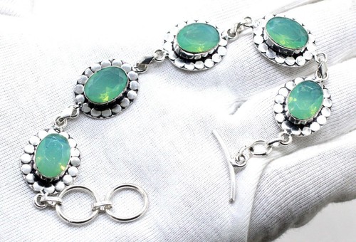 VALENTINO 925 Sterling Silver Green Opalite Gemstone Handmade Jewelry Bracelet Size 7 8"