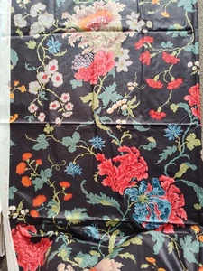 Vtg LEE JOFA CH'IEN LUNG Hand PRINT PEONY CHINOISERIE JACOBEAN FABRIC Navy Zepel - Picture 1 of 7