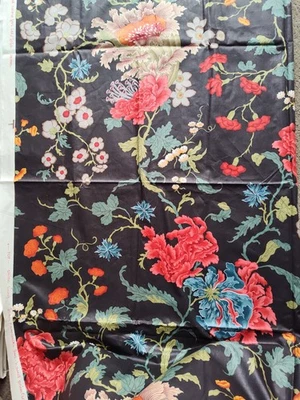 Vtg LEE JOFA CH'IEN LUNG Hand PRINT PEONY CHINOISERIE JACOBEAN FABRIC Navy Zepel - Image 1 of 4