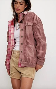 Free People We The Free Worn Thru Chore Sweater Jacket Size Small Oversized Knit - Picture 1 of 7