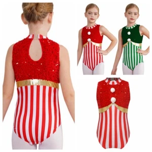 UK Girls Costume Christmas Jumpsuit Candy Cane Stripe Sequin Leotard Bodysuit - Picture 1 of 33