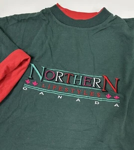 Vintage 80s Canada Northern Lifestyles T-Shirt L Embroidered Double-Sleeve Green - Picture 1 of 14