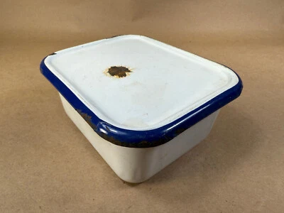 White Navy Blue Square Enamelware Refrigerator Storage Box w/ Lid 5.5" x 4.5" - Image 1 of 4