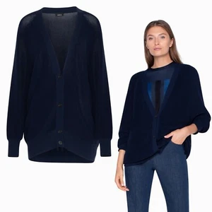 AKRIS  Cotton Cardigan Sweater Raglan Sleeves Dark Denim Navy Blue Size US 10 - Picture 1 of 8