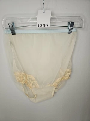 复古 Vanity Fair Tri/Pillowtb 白色/蓝色内裤透明带象牙色蕾丝 34 码 — 第 1/4 张图片