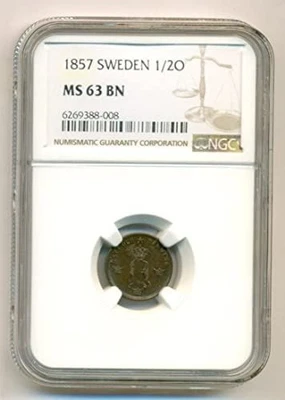 Sweden Oscar I 1857 1/2 Ore MS63 BN NGC - Image 1 of 4