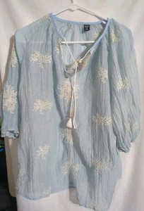 Women's Shein Top Size XL Blue Shirt Embroidered Snow Flake Tasseled - Picture 1 of 8