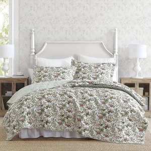 - Queen Quilt Set, Reversible Cotton Bedding with Matching Shams, Floral Bedr... - Picture 1 of 7