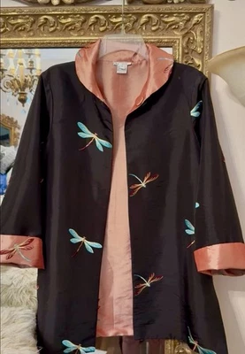 Grace Chuang Jacket Womens Medium Embroidered Dragonfly Open Front Boho Artwear - Image 1 of 4