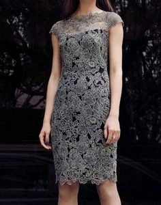 Tadashi Shoji bestickt Spitze Etui-Kleid Stahl Schatten silber gold/schwarz Gr. 12 - Bild 1 von 14