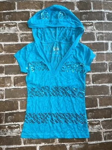 JUSTICIA NIÑAS TALLA 7 NIÑOS CAMISETA CON CAPUCHA TOP ANIMAL PRINT AZUL OREJAS EN CAPUCHA - Imagen 1 de 3