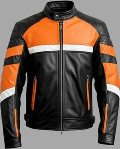 Handgefertigte schwarze Leder Biker Jacke/ Custom Orange Schwarz Motorrad Jacke für mich - Bild 1 von 3