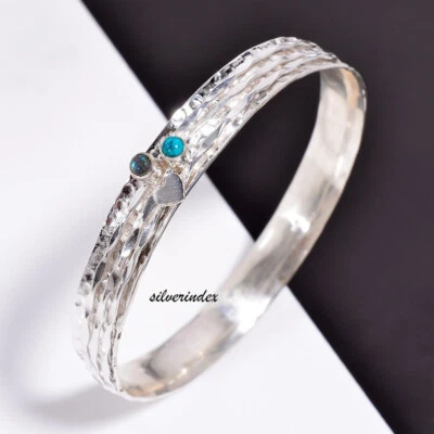 Sterling Silver Labradorite & Turquoise Gemstone Hammered Spinner Bangle   SV240 - Image 1 of 4